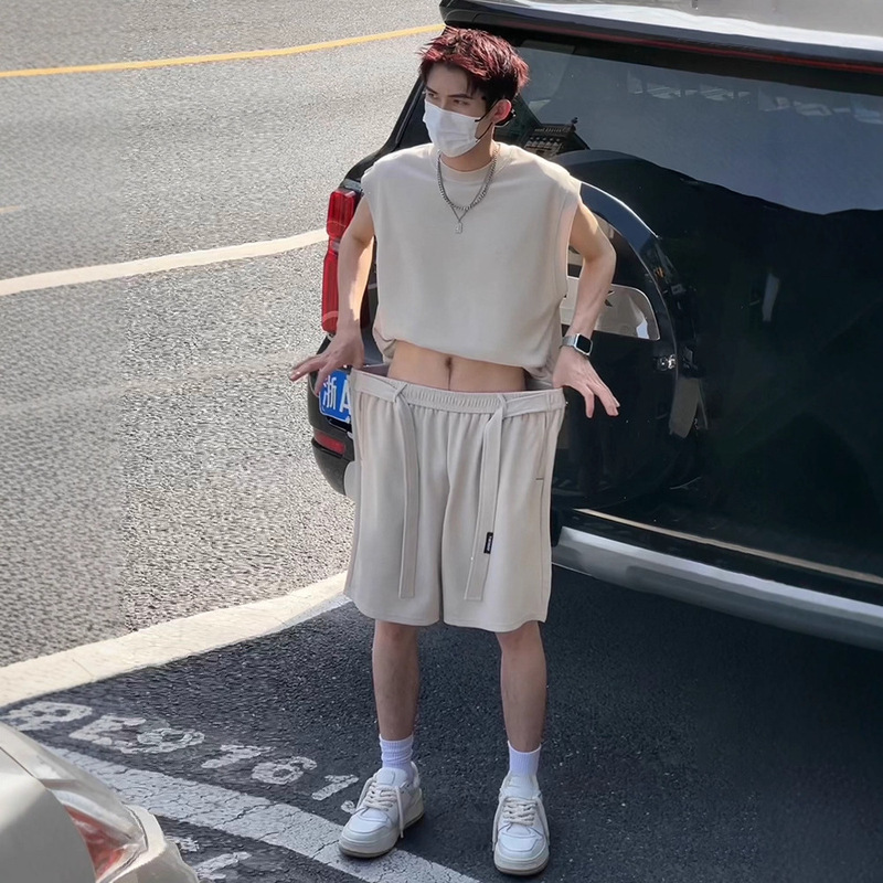 Ice Silk Sports Suit Men's Summer American Sleeveless T-Shirt Vest Shorts Youth Trendy Men's Outfit Set