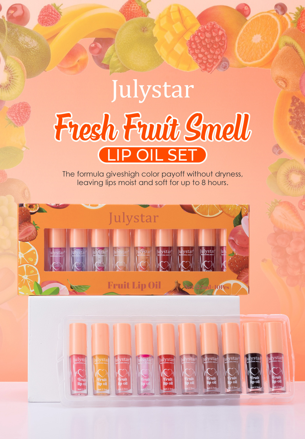 Julystar Fruit-Flavored Mirror Lip Gloss Moisturizing and Hydrating Ten-Color Set Water Gloss Lip Gloss Lipstick Wholesale Specification drawing