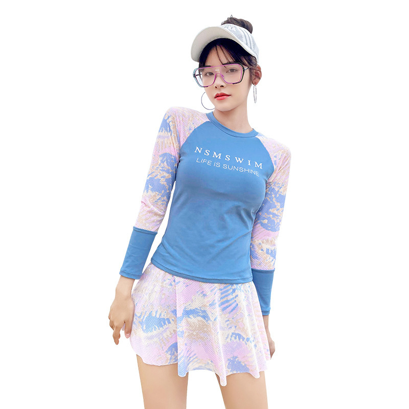 Traje de baño de manga larga estilo deportivo de las mujeres casual slim fit adelgazamiento split Boxer falda de dos piezas conjunto vacaciones traje de baño de aguas termales