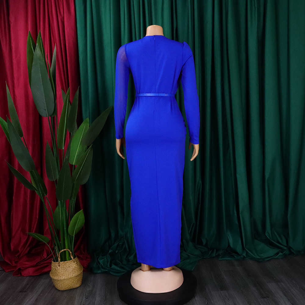 Damen Abendkleid Mit Langarm Und Mesh-einsatz Elegantes Festkleid_voghion.com