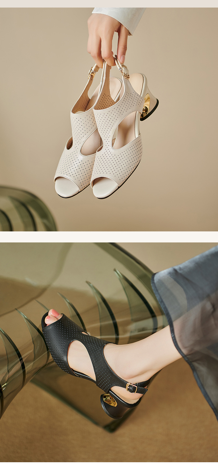 Sandal nữ quai ngang khóa da bò lớp 1 gót vuông hở mũi hở gót — Màu đen chi tiết 9