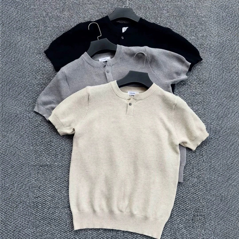[Pure Cotton] Cleanfit Henry Collar Knitted Short-Sleeved Men's Summer Versatile Textured Trendy Waffle Top