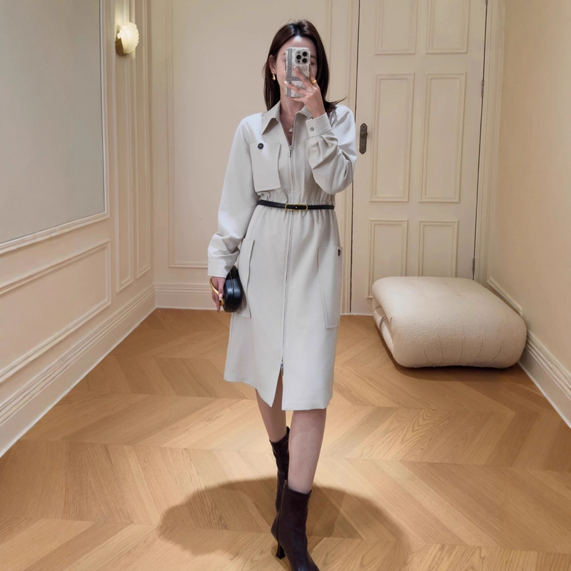 [Ready Stock] Korean Magazine Dress Smart and Intellectual All-In-One Zipper Mid-Length Windbreaker Dress with Belt