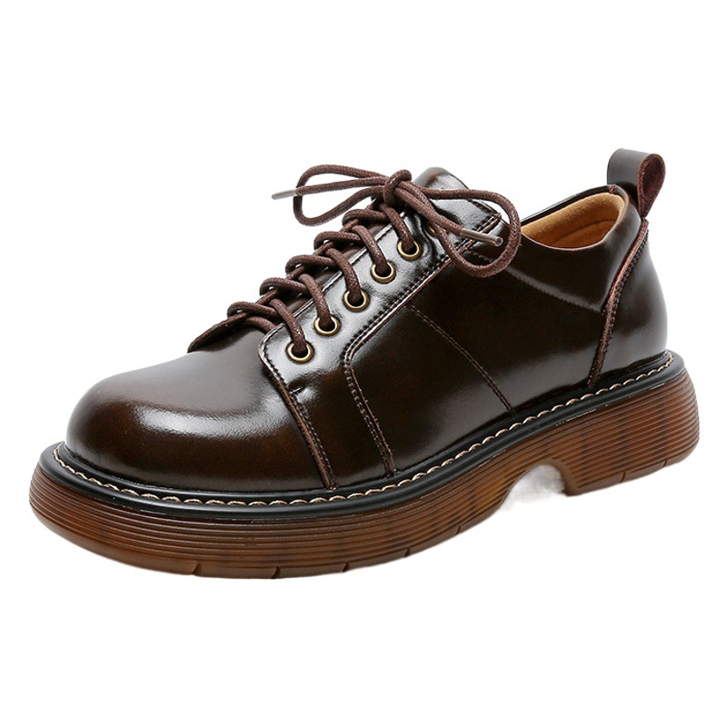 2023 New British Style Brown Leather Shoes for Women, Preppy Style, Retro, Paired with Skirts, Lace-Up Flats