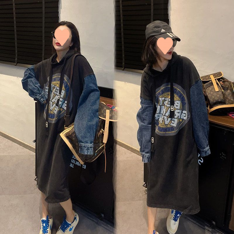 유럽 역 데님 후드 원피스 여성의 새로운 대형 지방 MM300 긴 원피스 덮는 진 느슨한 고기