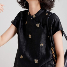 龟裂纹香云纱刺绣桑蚕丝小衫 新中式真丝上衣短袖T恤高端女装夏季