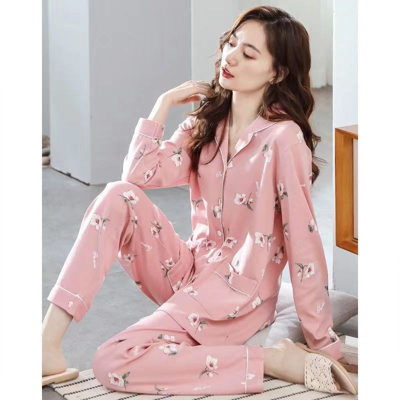 Pijamas de mujer manga larga 100% algodón primavera y otoño estilo coreano talla grande Otoño e Invierno ropa de casa verano traje de dos piezas