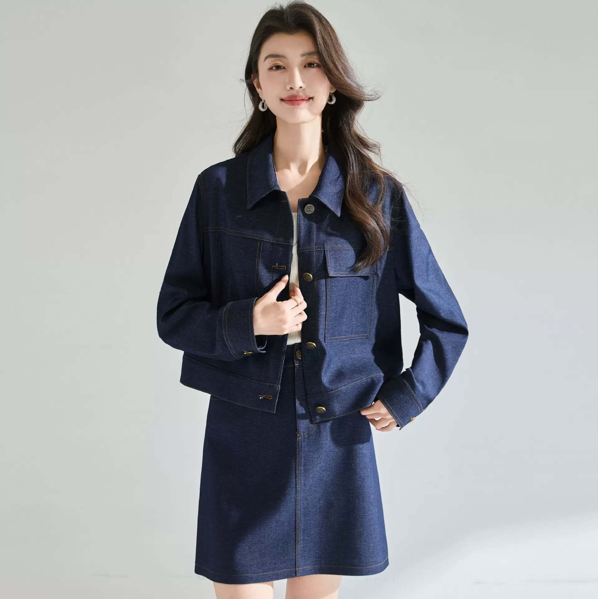 26春季时髦复古靛蓝色廓形显瘦丹宁牛仔外套半裙套装25752+25753
