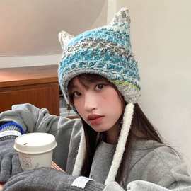 韩国秋冬亚比风护耳针织毛线帽女韩版保暖包头雷锋帽猫耳朵角角帽