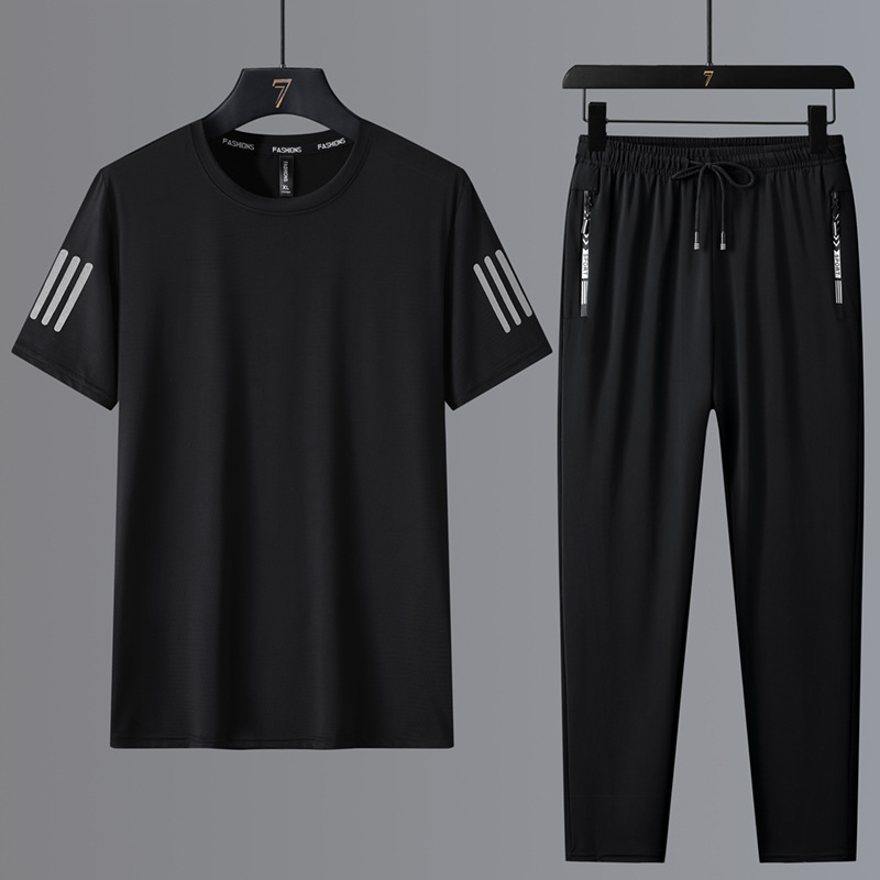 Traje de ocio deportivo de seda de hielo de talla grande para hombre de verano camiseta de cuello redondo pantalones sueltos de manga corta de secado rápido tres piezas