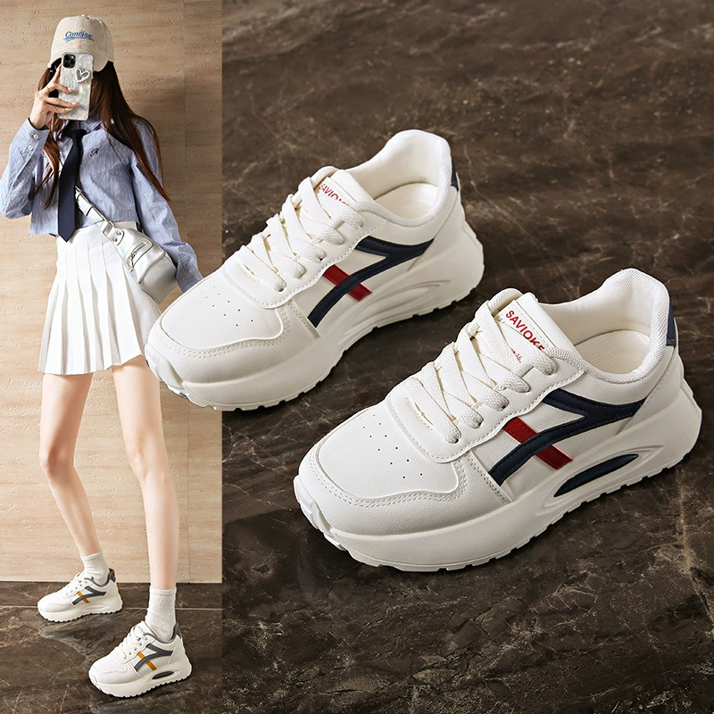 Корейские кожаные кроссовки-«папины» туфли для женщин, новинка 2025 года, дышащие кеды для студенток, повседневная обувь на танкетке