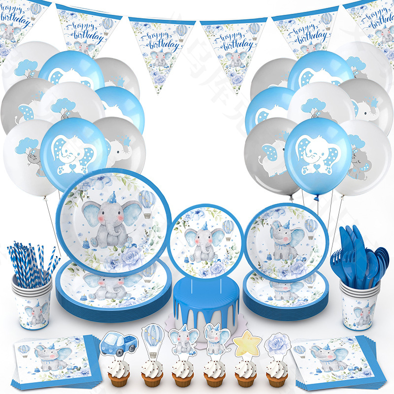 Amazon azul bebé elefante lindo mascota cumpleaños decoración tema plato de papel desechable taza de papel tejido fiesta suministros traje