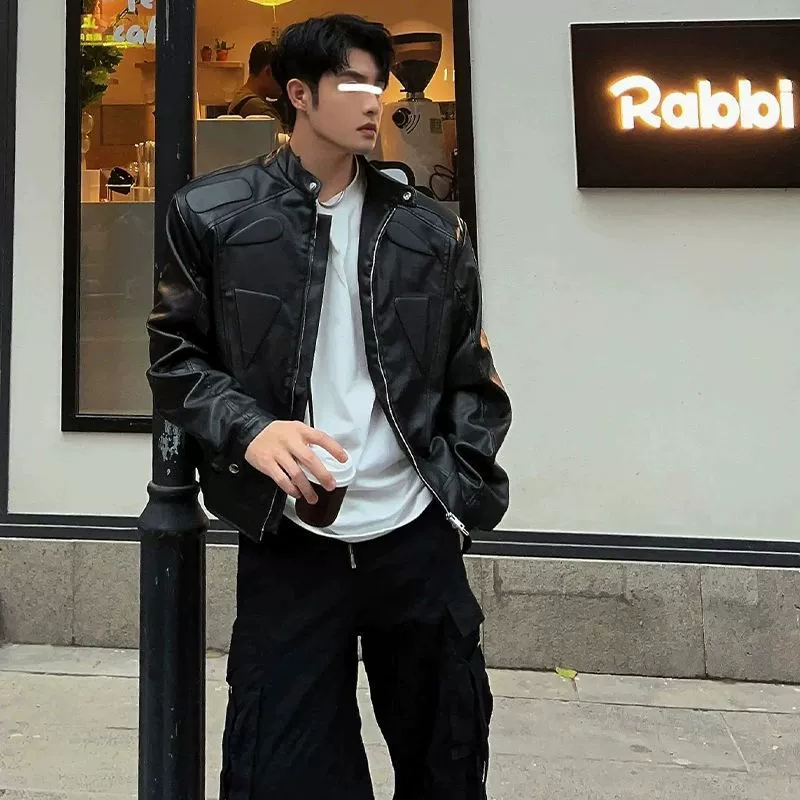 Черная кожаная куртка с плечами cleanfit Мужской прилив высокого уровня Чувство Красавец High Street Короткая куртка для мотоциклетного костюма