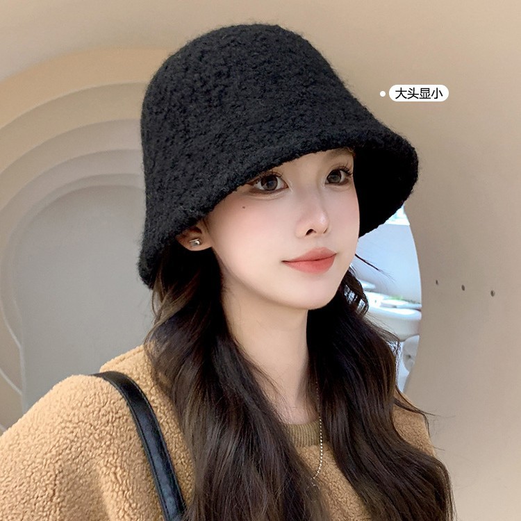 Sombrero de mujer caño invierno de cordero sombrero pescador de melanina cara pequeña sombrero de cubo cara grande sombrero de pelusa cálida
