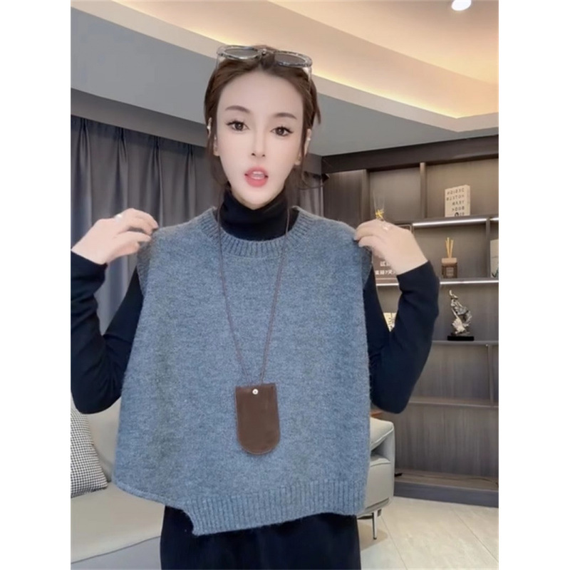 欧货设计感不规则短款针织衫马甲女秋冬新款时尚宽松百搭外搭毛衣|undefined