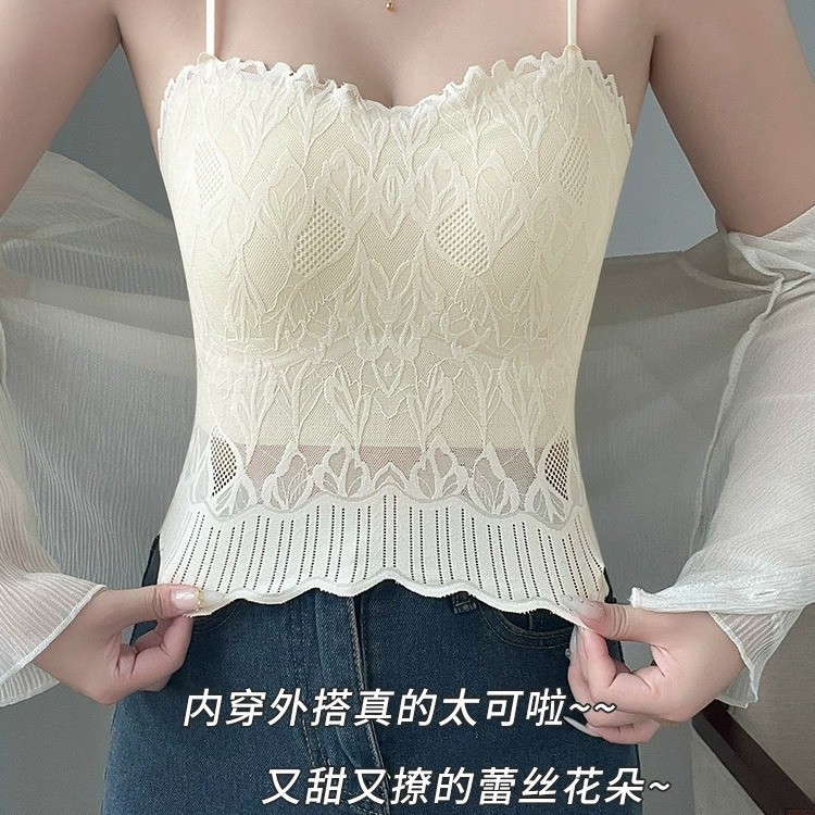 여름용 레이스 가슴 패드가 있는 뷰티백 탑, 와이어리스, 아우터로도, 이너로도 착용 가능, 노출 방지, 여성용 튜브탑 속옷