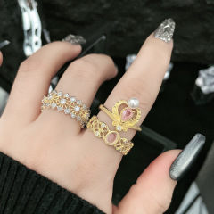 古法鏤空雙色復古粉鑽開口戒指女宮廷風氣質甜酷高級感精緻食指戒