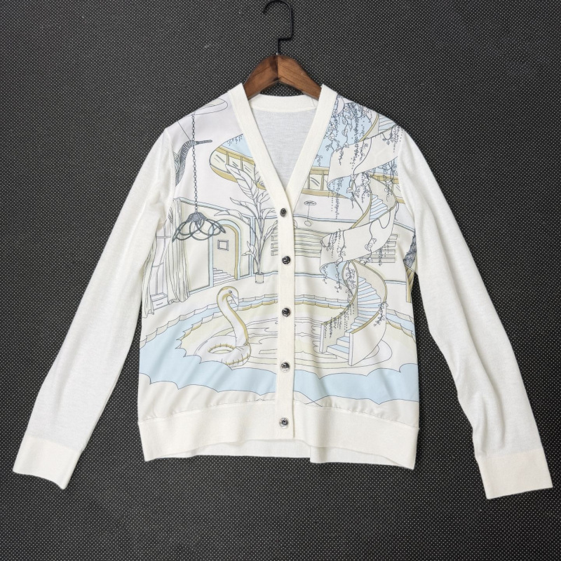 Women's foreign trade TB white V-neck printed wool blend patchwork cardigan with a youthful and elegant Nanyou style, long-sleeved knit