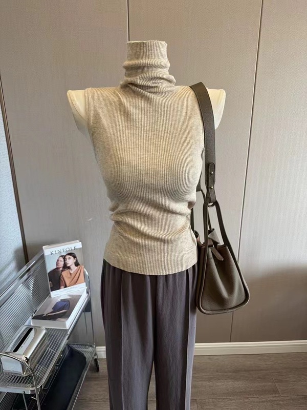 强推~简约堆堆领高领打底衫女修身无袖针织背心纯色气质内搭上衣|undefined
