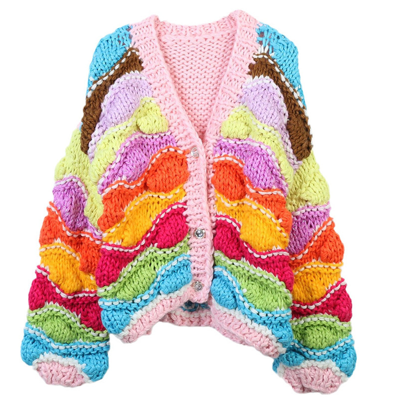 Vintage Sweater Cardigan 2023 Autumn and Winter New Women's Colorful V-Neck Long Sleeve Loose Thick Needle Knitted Cardigan Jacket