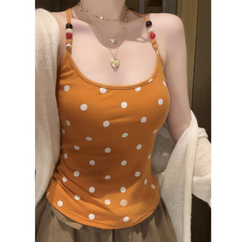 Energetic and youthful vibe~ Korean-style beaded polka dot camisole with chest pads, niche design with a cross-back for a sexy look