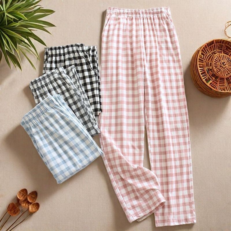 Ouyang Nana Style Pure Cotton Pajama Pants Japanese Plaid Long Pants Spring and Autumn Loose Plus Size Summer Home Pants Casual Pants
