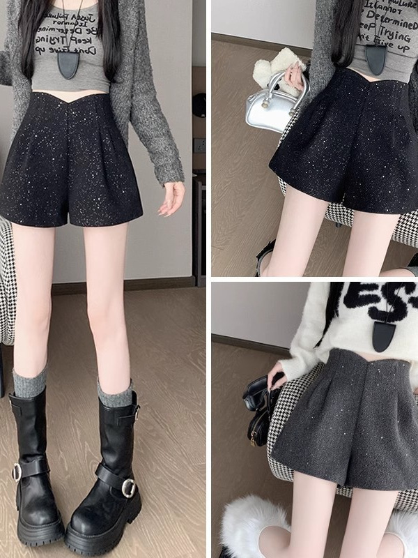 European Sequin Woolen Shorts Women's Autumn and Winter 2024 New Outfit Bottoming Boots High Waist A- Shaped Wide-Leg Pants