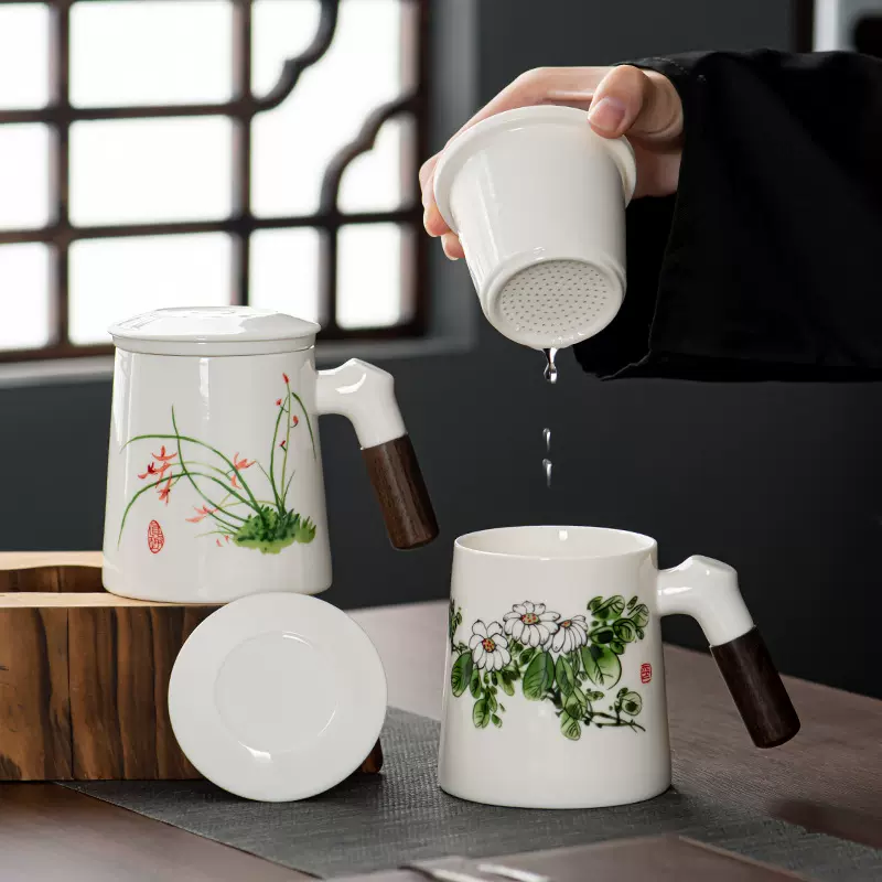羊脂玉木柄马克杯带盖 茶水分离陶瓷茶杯套装 个人杯办公杯带茶漏