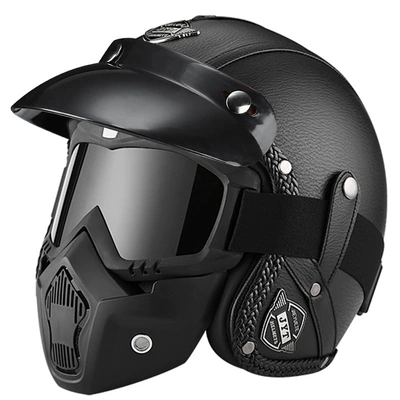 3C/Dot Certified Electric Motorcycle Retro Helmet Men's and Women's Motorcycle Leather Helmet Riding 3/4 Half Helmet Safety Helmet (Motorcycle Safety Supplies) - 555-leather-helmet-black-mask-s