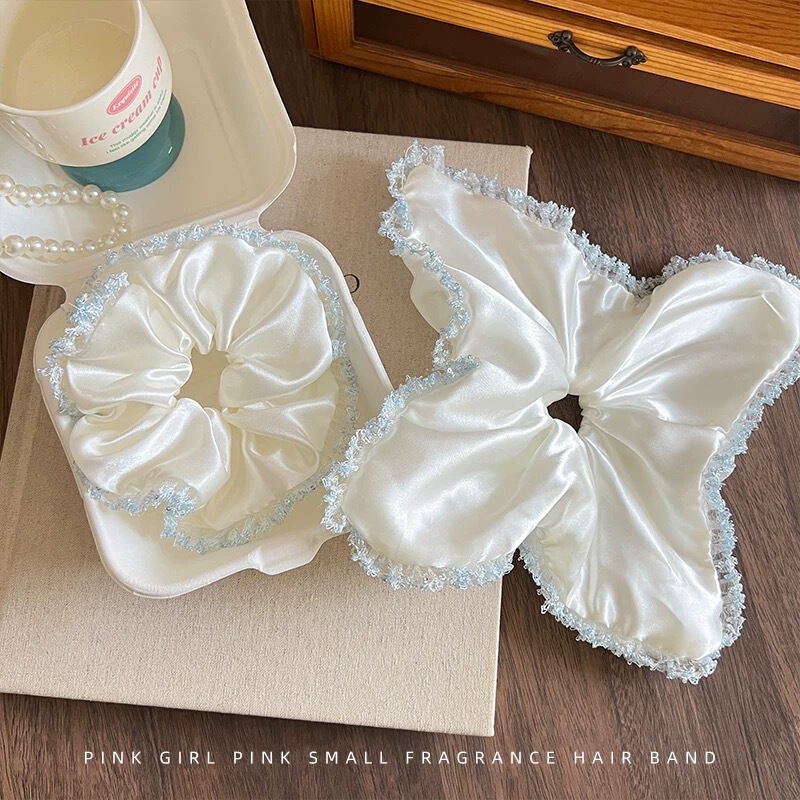 White Satin Scrunchie with Blue Trim, High-End Style for Women, Oversized Hair Tie for Bun, Lazy Style Hair Accessory White Satin Scrunchie with Blue Trim, High-End Style for Women, Oversized Hair Tie for Bun, Lazy Style Hair Accessory