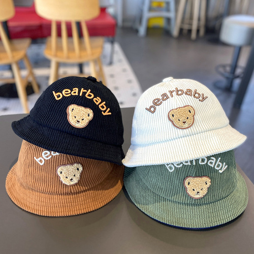 Korean style baby hat autumn and winter corduroy cute bear fisherman hat boys and girls sunshade versatile basin hat trendy