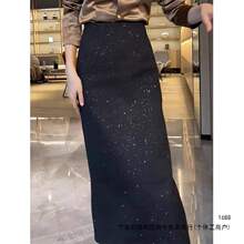 轻奢小香风亮片半身裙女秋冬新款加厚中长款气质毛呢包臀裙兔毛