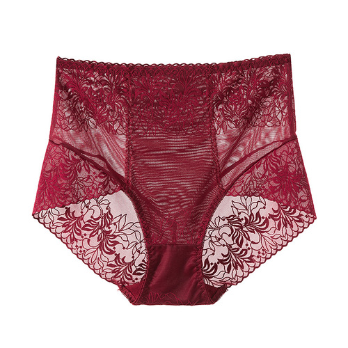 High-waist cinched-in tummy control invisible lace underwear breathable pure cotton gusset plus-size French lace lady's triangle pants