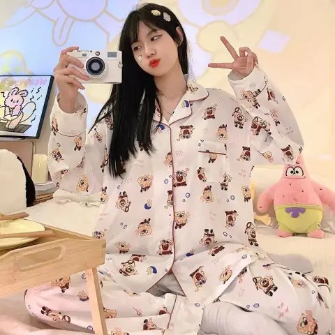 Estilo coreano japonés pijamas de dibujos animados mujer coolomi linda chica corazón ins estilo pantalones de manga larga desgaste del hogar otoño celebridad de Internet