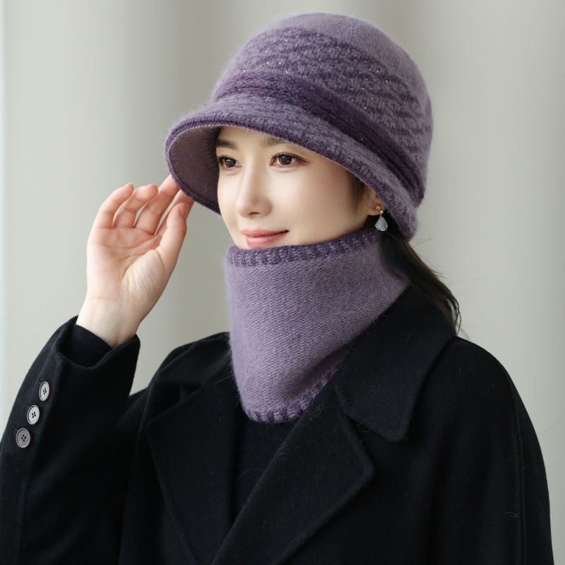 中老年兔毛保暖帽子女秋冬妈妈防寒加绒围脖套帽时尚奶奶针织盆帽