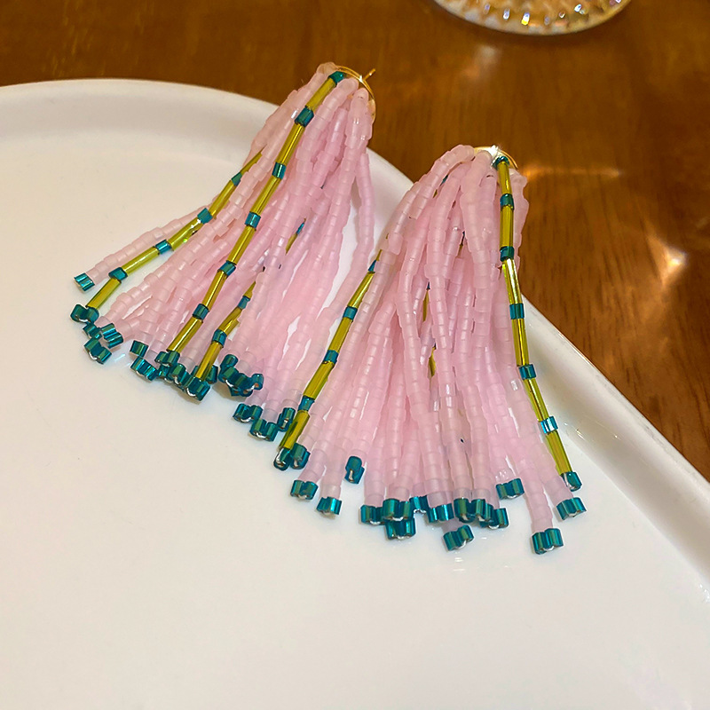 Pendientes de borla de cristal de hilo de malla de pétalo de aguja de plata Pendientes de estilo de vacaciones de playa dulce rosa Pendientes de moda de temperamento Mujer