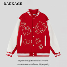 美式甜酷可爱凯蒂钉珠猫咪撞色棒球服外套女2025秋季休闲宽松夹克