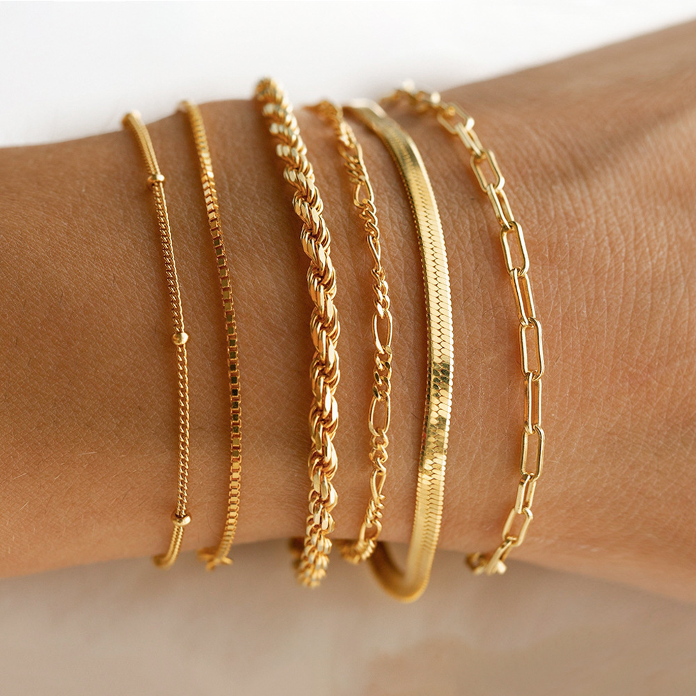 5g Weight 18K Gold Plated Plating Material Bracelets Classification box chain, Twisted Rope Chain, snake chain, figaro chain Chain Type 1 Piece Quantity Daily, Street Occasion 304 Stainless Steel Material Geometric Pattern Women's Gender Simple Style Style Waterproof Non Tarnish, Surgical Steel Craft 18K Gold Plated 304 Stainless Steel Geometric Waterproof Non Tarnish Surgical Steel Box Chain Twisted Rope Chain Snake Chain Bracelets 13