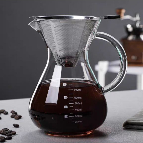 Factory wholesale borosilicate glass hand pot coffee sharing pot drip pot coffee filter cup with handle scale pot