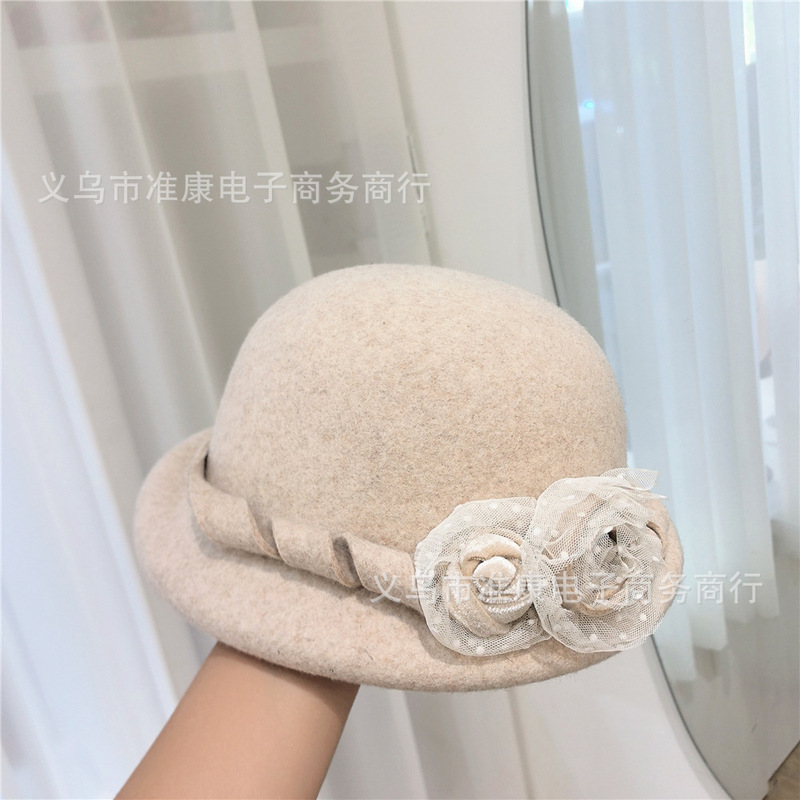 法式优雅麻花朵贝雷帽女秋冬赫本风羊毛呢卷边盆帽复古洋气小礼帽|undefined