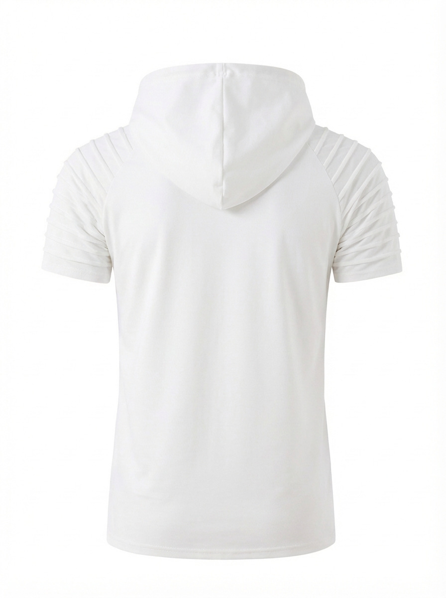 Men's Hooded Polo Shirt With Drawstring And Pleated Sleeves_voghion.com