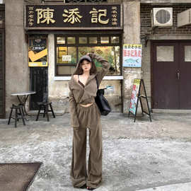 340克双面奥粒绒  复古加绒连帽长袖卫衣外套阔腿拖地长裤两件套