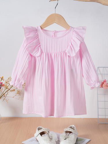 European and American-style girls' spring and autumn dress, ruffled long-sleeved casual skirt for babies, solid-color Korean-style everyday A-line skirt.