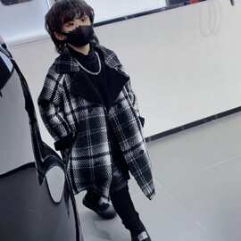 儿童秋冬款男童女童加绒格子大衣宽松洋气宝宝中长款风衣外套潮酷