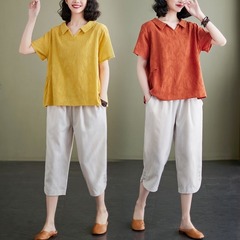 中高年女装ママ夏服綿麻スーツ女性夏ビッグサイズ中年太った奥さん半袖洋気2点セット