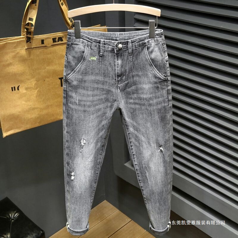 Spring and Summer New Style Stretchy Ash Gray Ripped Jeans for Men, Slim Fit Cropped Pants, Korean Style Slim Straight Street Fashion Pants Spring and Summer New Style Stretchy Ash Gray Ripped Jeans for Men, Slim Fit Cropped Pants, Korean Style Slim Straight Street Fashion Pants