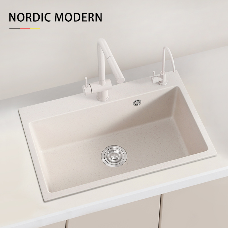 Household Cream White Quartz Stone Kitchen Large Single-Slot Granite Small Dishwashing Sink Embedded Above and Below the Counter Dishwashing Sink