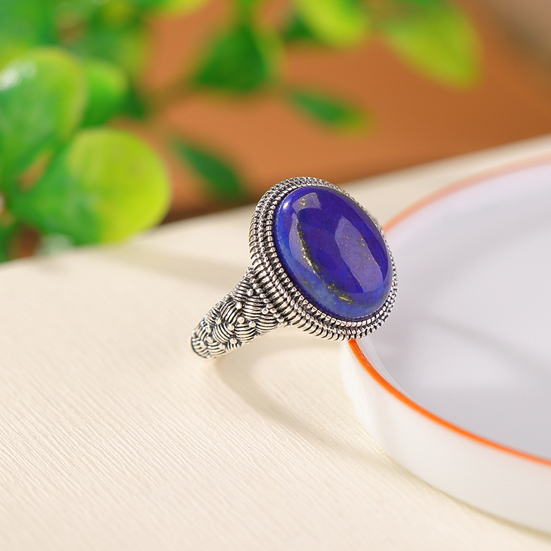 Nhẫn bạc S925 mặt trứng phong cách retro dân tộc đính đá Lapis Lazuli — Mở một size