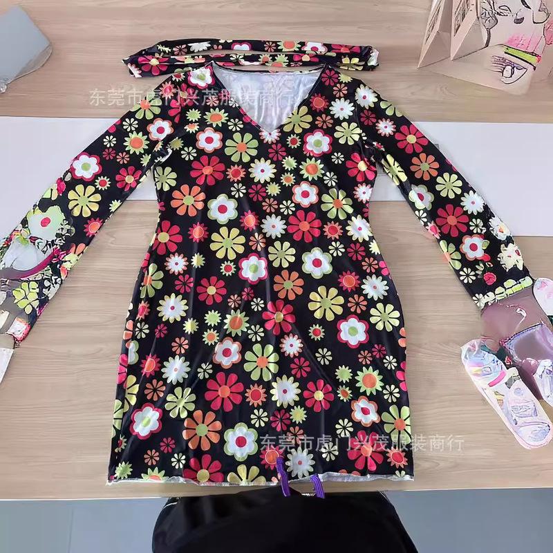 Amazon Halloween 2022 Cross-border European and American Women's Clothing 1970 s Hippie Costume Printed Dress Women