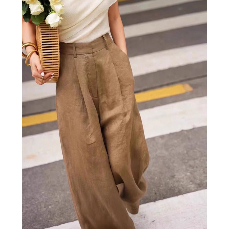 Chao Level Recommendation! Brown Linen Wide-Leg Pants for Women, High-Waisted Casual Pants, Sense of Design Cotton and Linen Pants